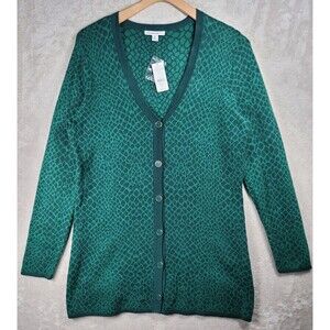 Isaac Mizrahi Live Cardigan Sweater Womens M Green Long Sleeve Animal Print